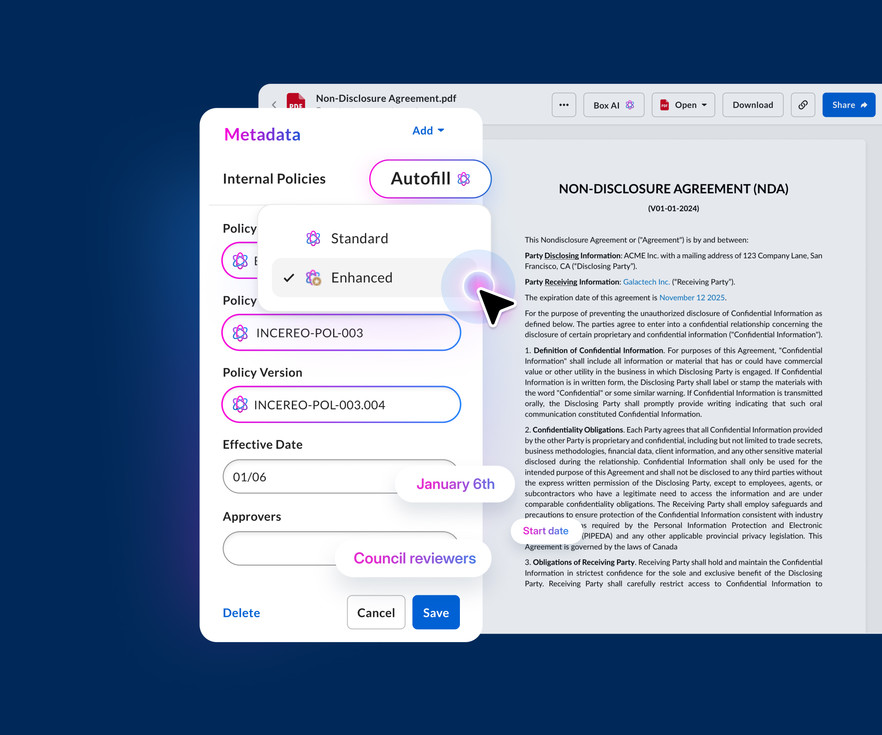 Box AI metadata extraction and secure content workflow for reviewing documents