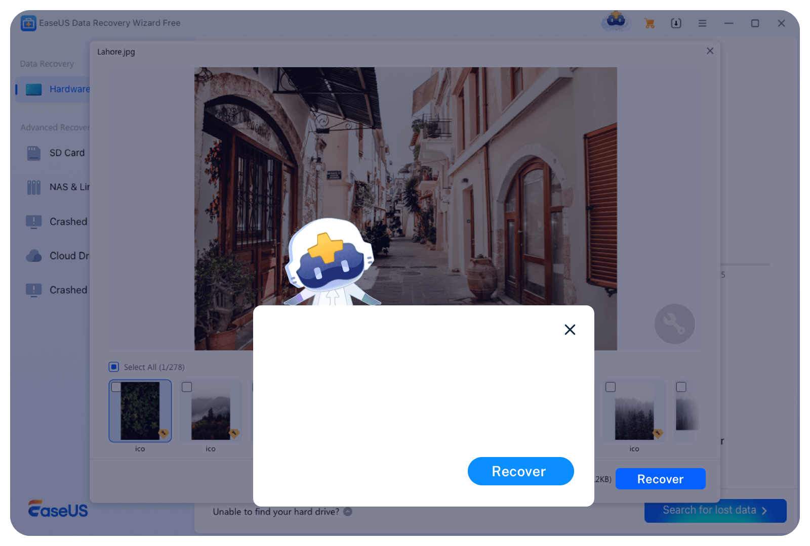 EaseUS Data Recovery Wizard preview and recover screen