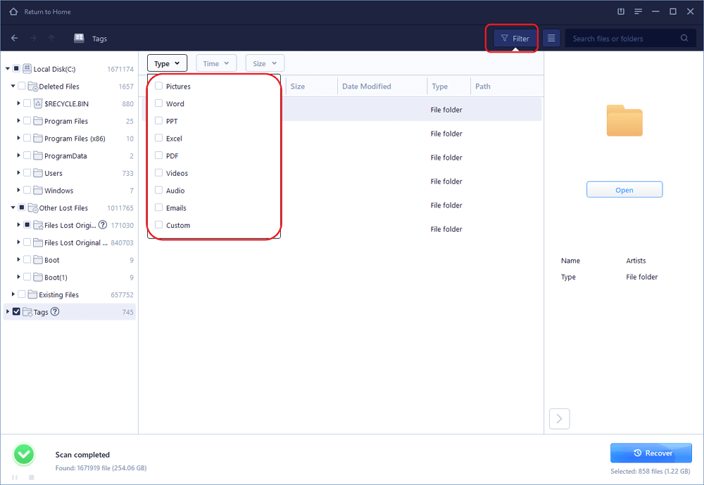 EaseUS Data Recovery Wizard scan filter screen for lost file types