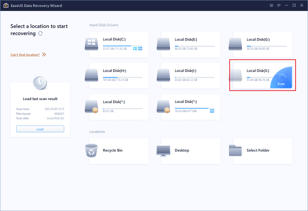 EaseUS Data Recovery Wizard location selection screen for recovery scanning