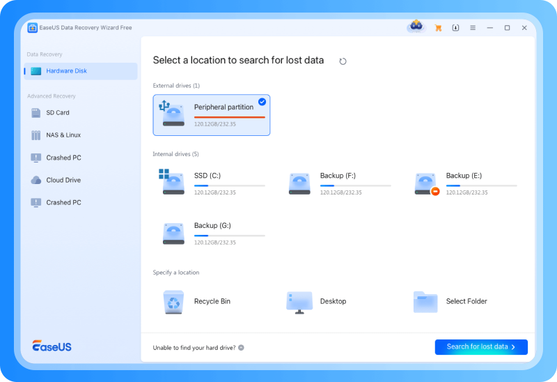 EaseUS Data Recovery Wizard select location screen