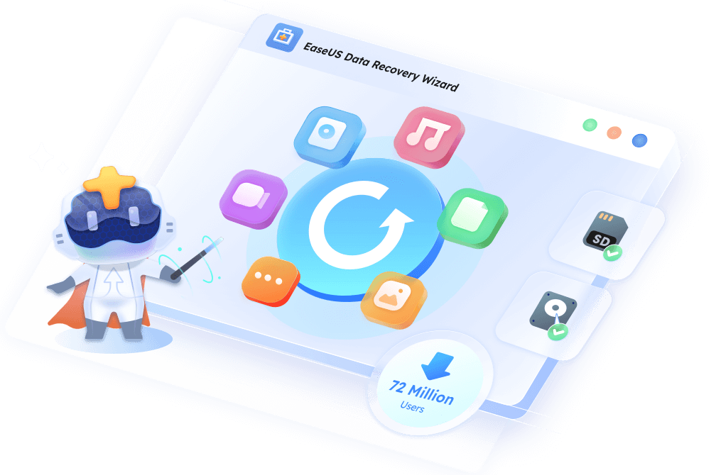 EaseUS Data Recovery Wizard interface illustration with recovered file icons