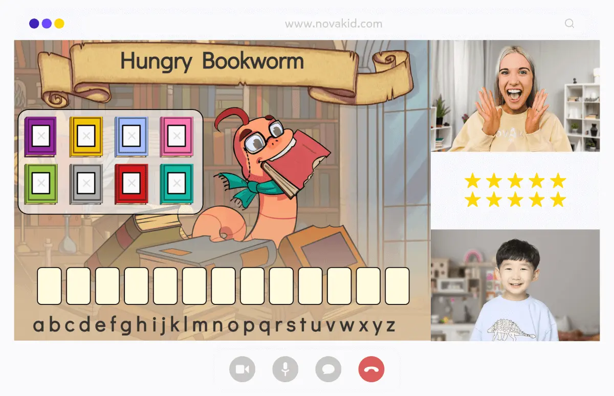 Novakid virtual classroom game with teacher and student video panels