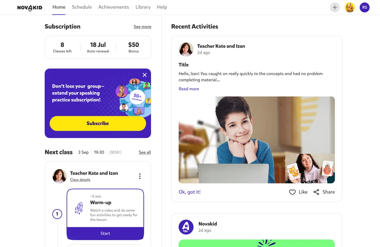 Novakid parent dashboard showing subscription, class schedule, and recent lesson activity